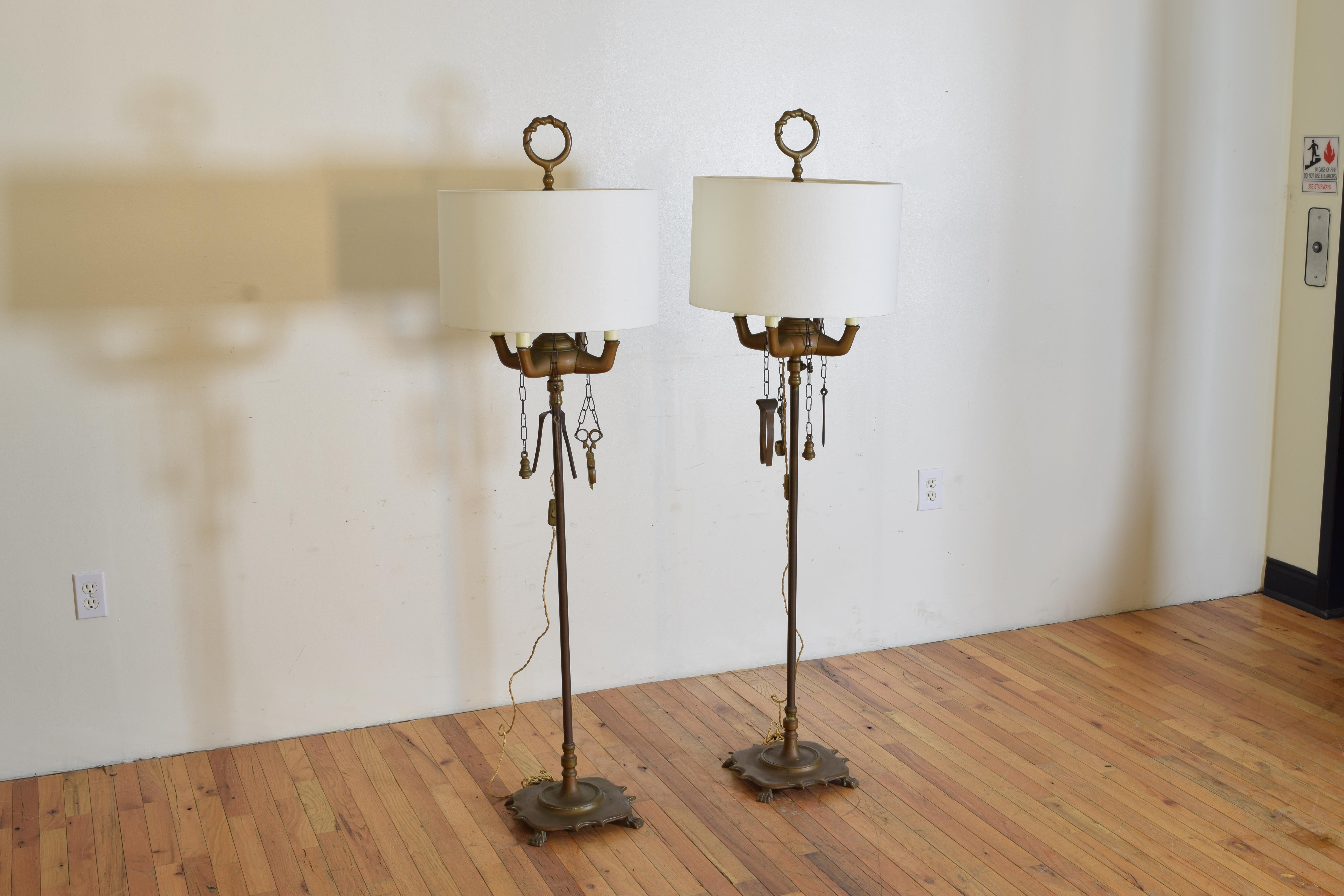 Pair Italian Baroque Style Brass 4-Light Lucerne Floor Lamps, last quarter 19thc In Good Condition For Sale In Atlanta, GA