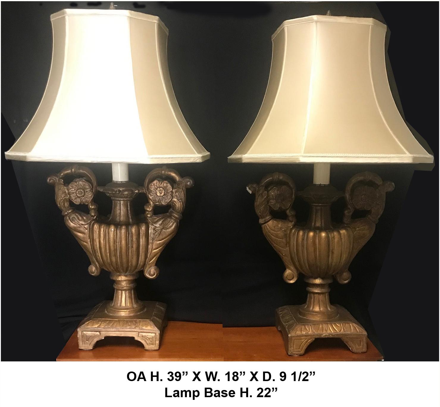 Pair of Italian Baroque Style Carved Giltwood Urn Lamps In Good Condition In Cypress, CA