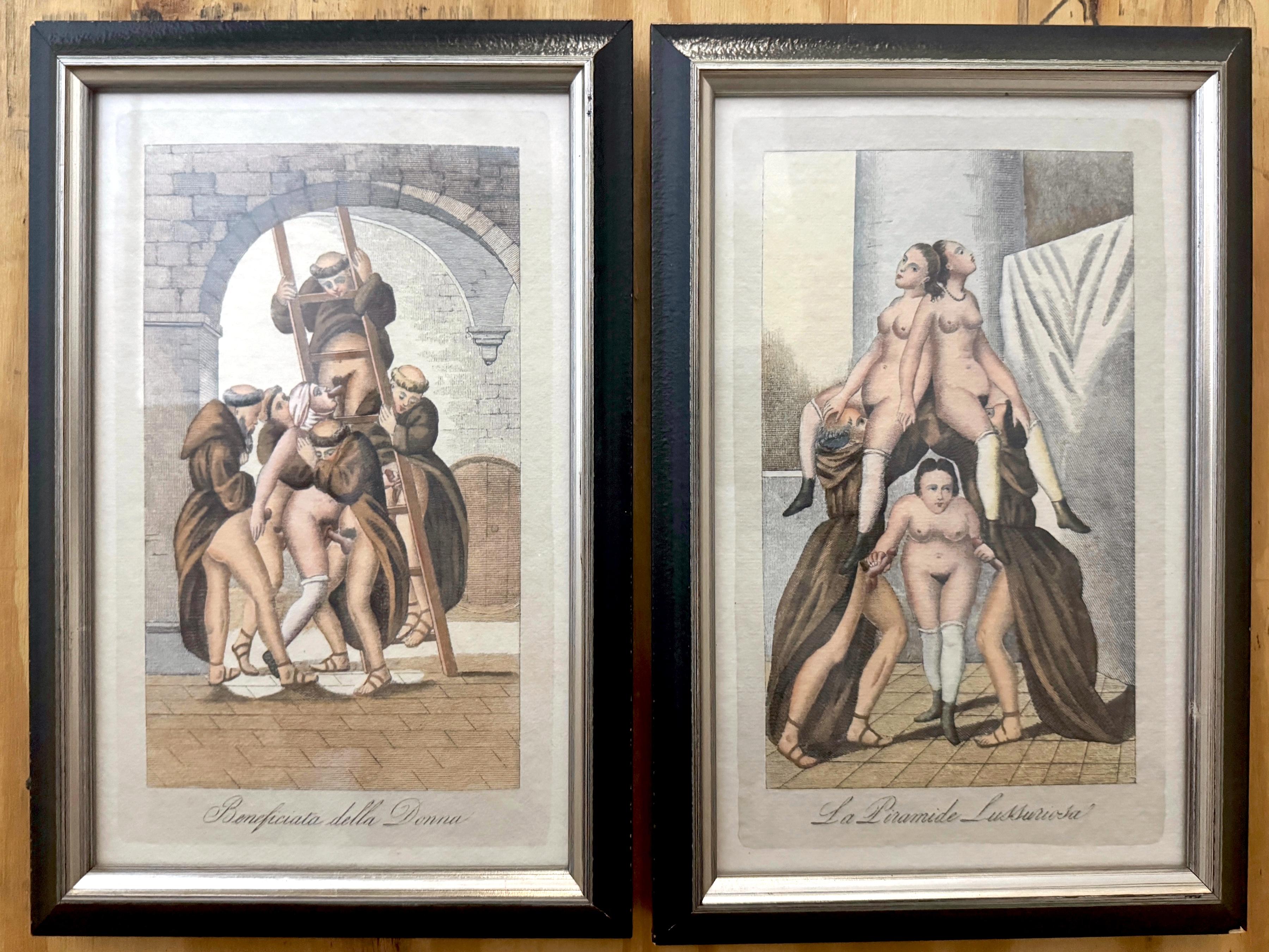 Paire d'estampes érotiques de style baroque représentant des moines et des nonnes compromis, Italie, Estampes du XXe siècle, 

Cette paire d'estampes érotiques italiennes verticales de style baroque datant du XXe siècle offre un aperçu provocateur