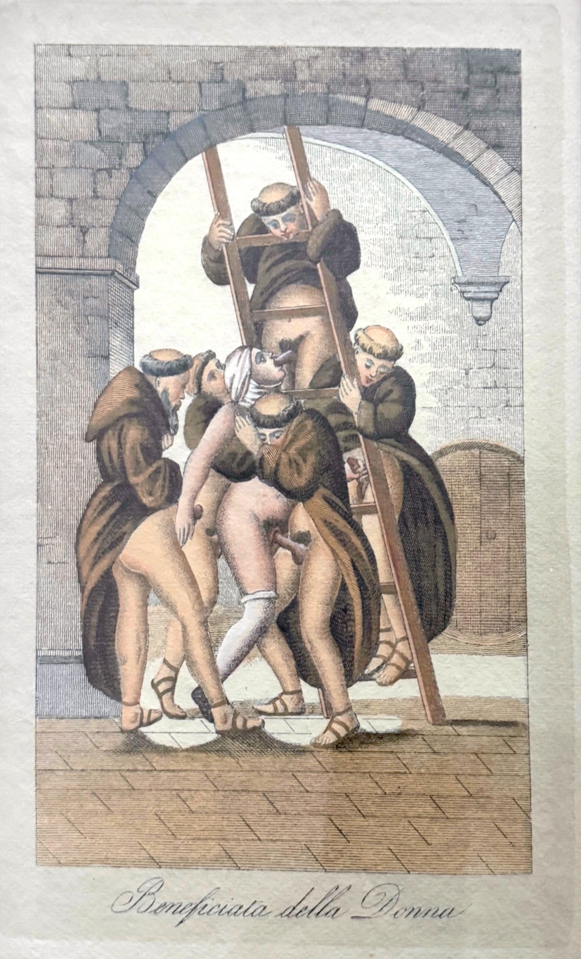 Argenté Paire d'estampes érotiques de moines et de Nuns corrompus de style baroque italien en vente