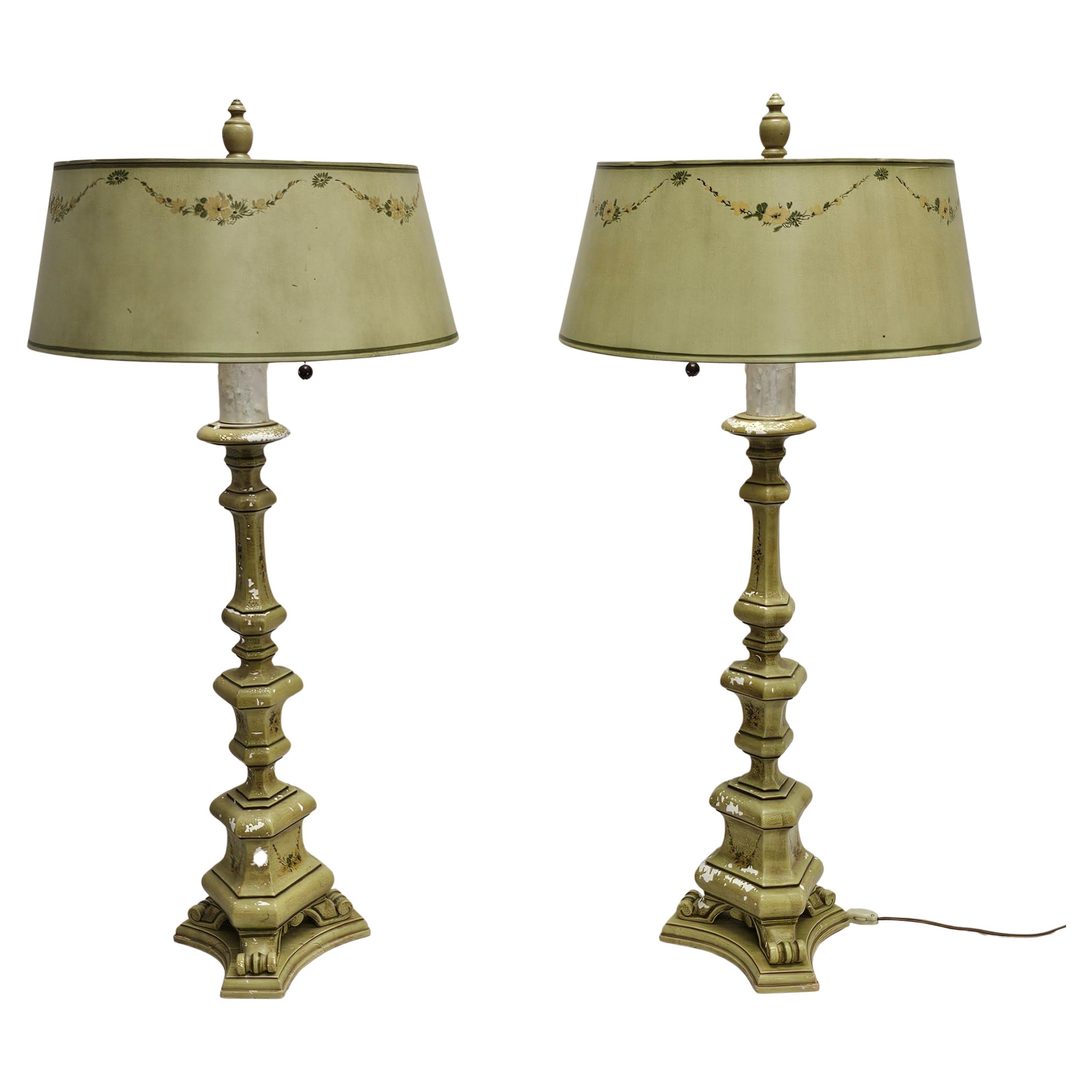 Pair Italian Baroque Style Hand-Painted Pricket Candlesticks Table Lamps