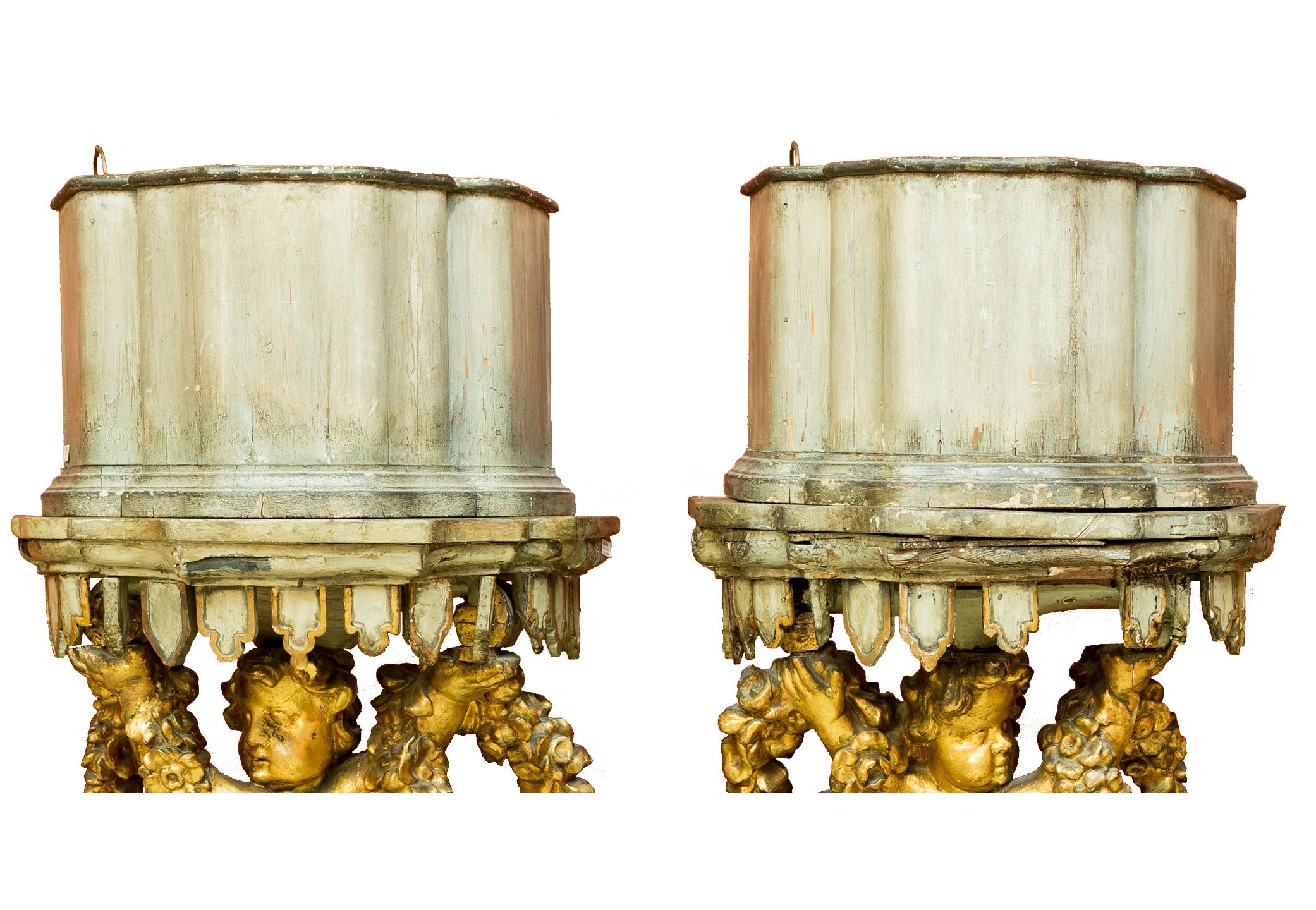 Hand-Painted Pair of Italian Baroque Style Planter Pedestals, 19th Century