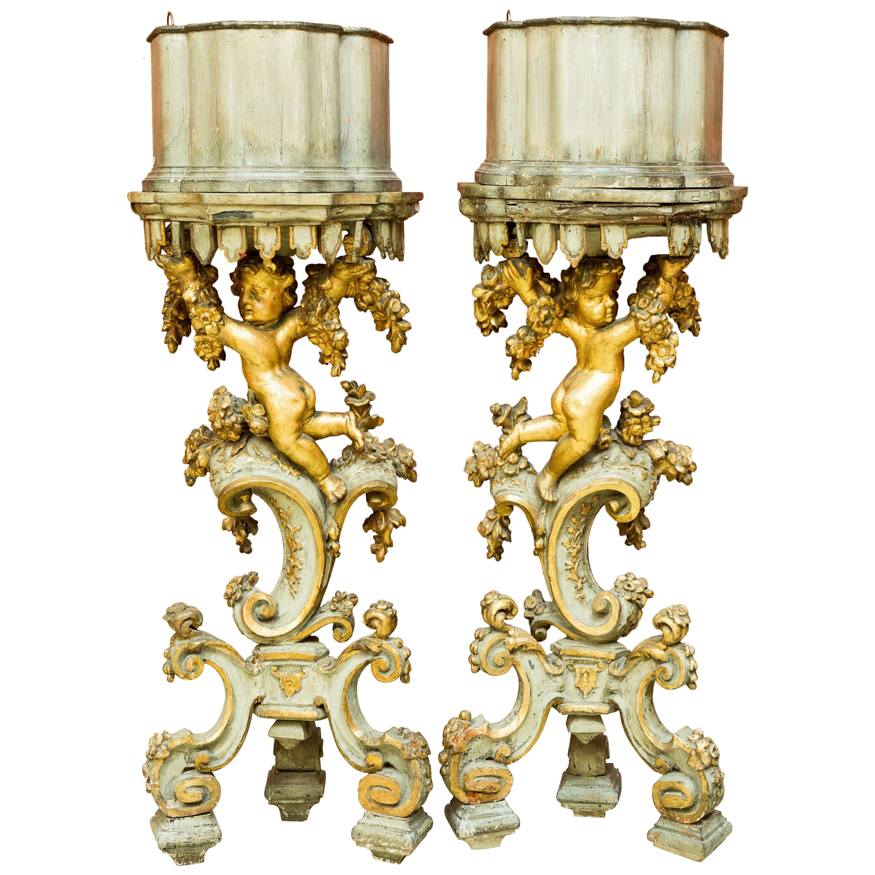 Pair of Italian Baroque Style Planter Pedestals, 19th Century