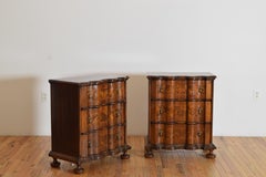 Pair Italian Baroque Style Walnut & Burl Walnut Inlaid Commodes, 18th/19th cen.