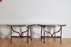 Pair Italian Baroque Walnut Demilune Console Tables, early 18th century