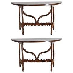 Pair Italian Baroque Walnut Demilune Console Tables, early 18th century