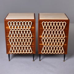 Pair Italian Bedside Cabinets with Unusual Carved Wood Fronts