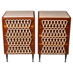 Pair Italian Bedside Cabinets with Unusual Carved Wood Fronts