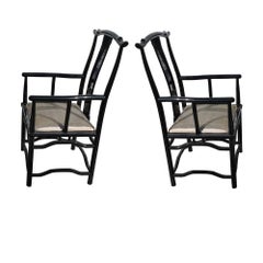 Pair Italian Black Lacquer Chin Hua Arm Chairs