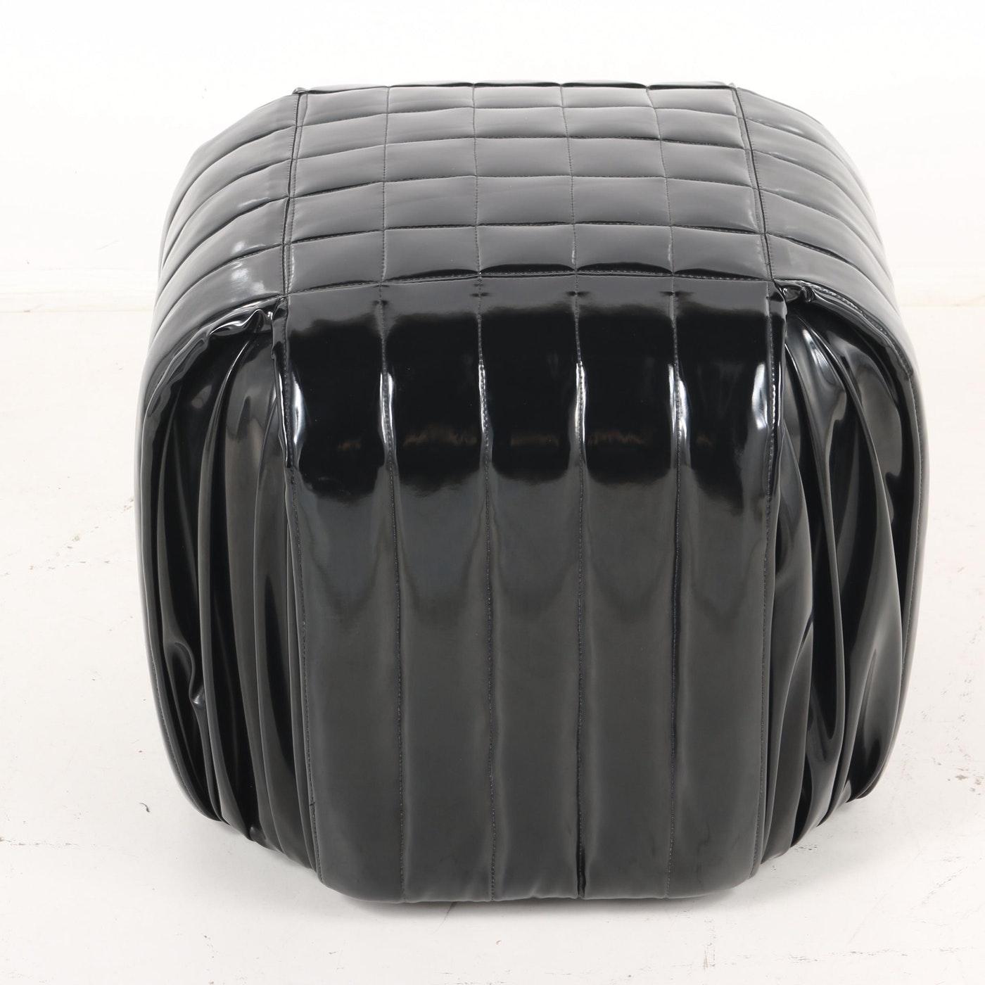 Minimalist Pair of Italian Black Patent Leather Stools or Poufs For Sale