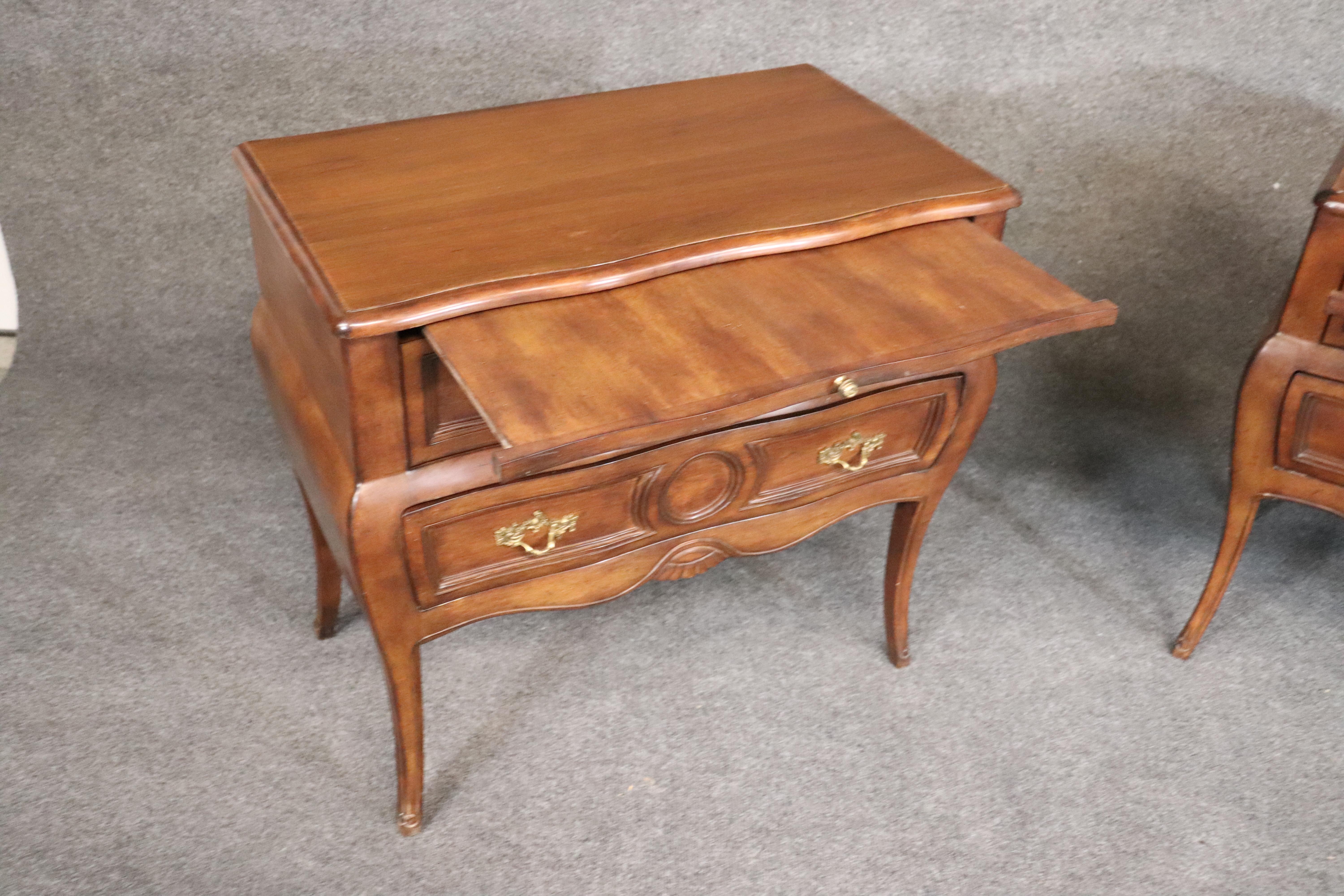 Italian Bombe Walnut Nightstands Commodes with Slide Out Trays circa 1950s, Pair 1