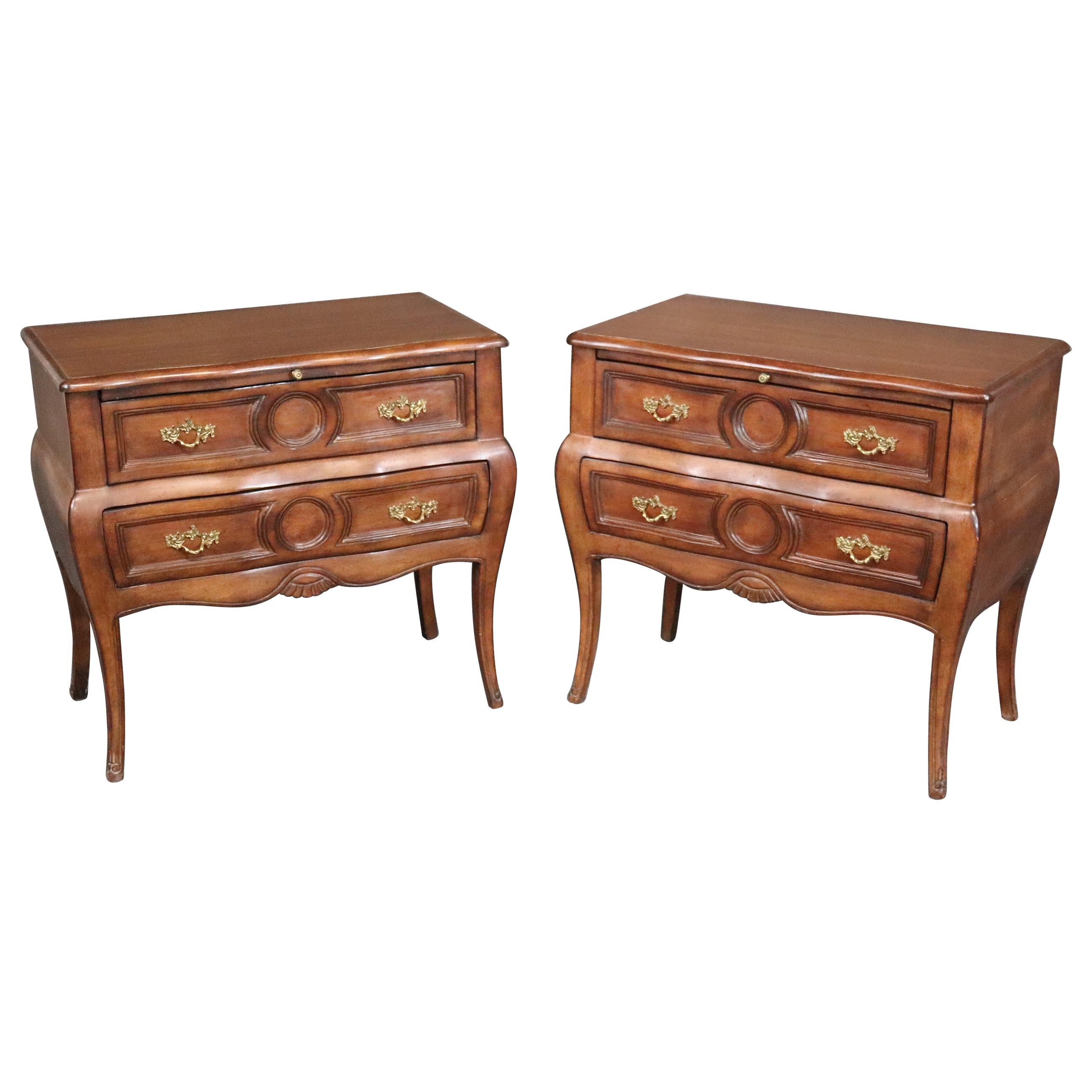 Italian Bombe Walnut Nightstands Commodes with Slide Out Trays circa 1950s, Pair
