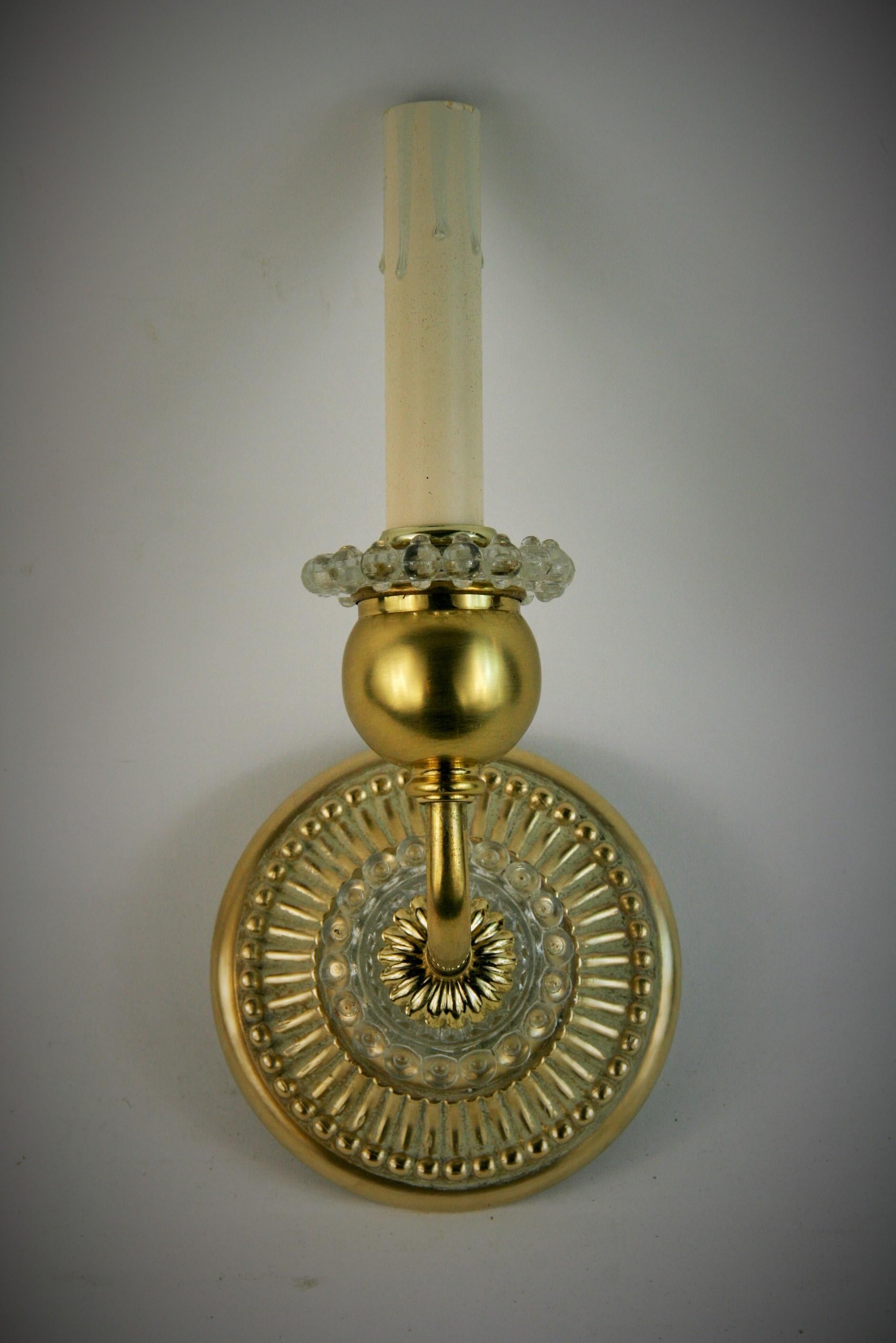 European Pair of Italian Mid Century Brass and Bubble Glass Single Light Sconces