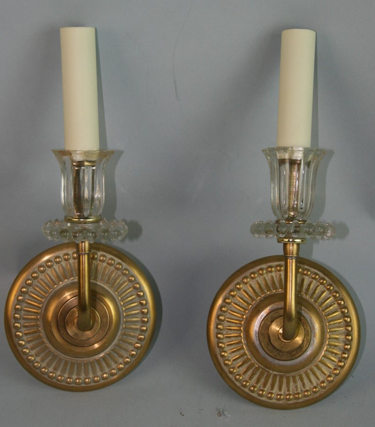 1392 Pair Italian shaped glass and solid brass sconces.