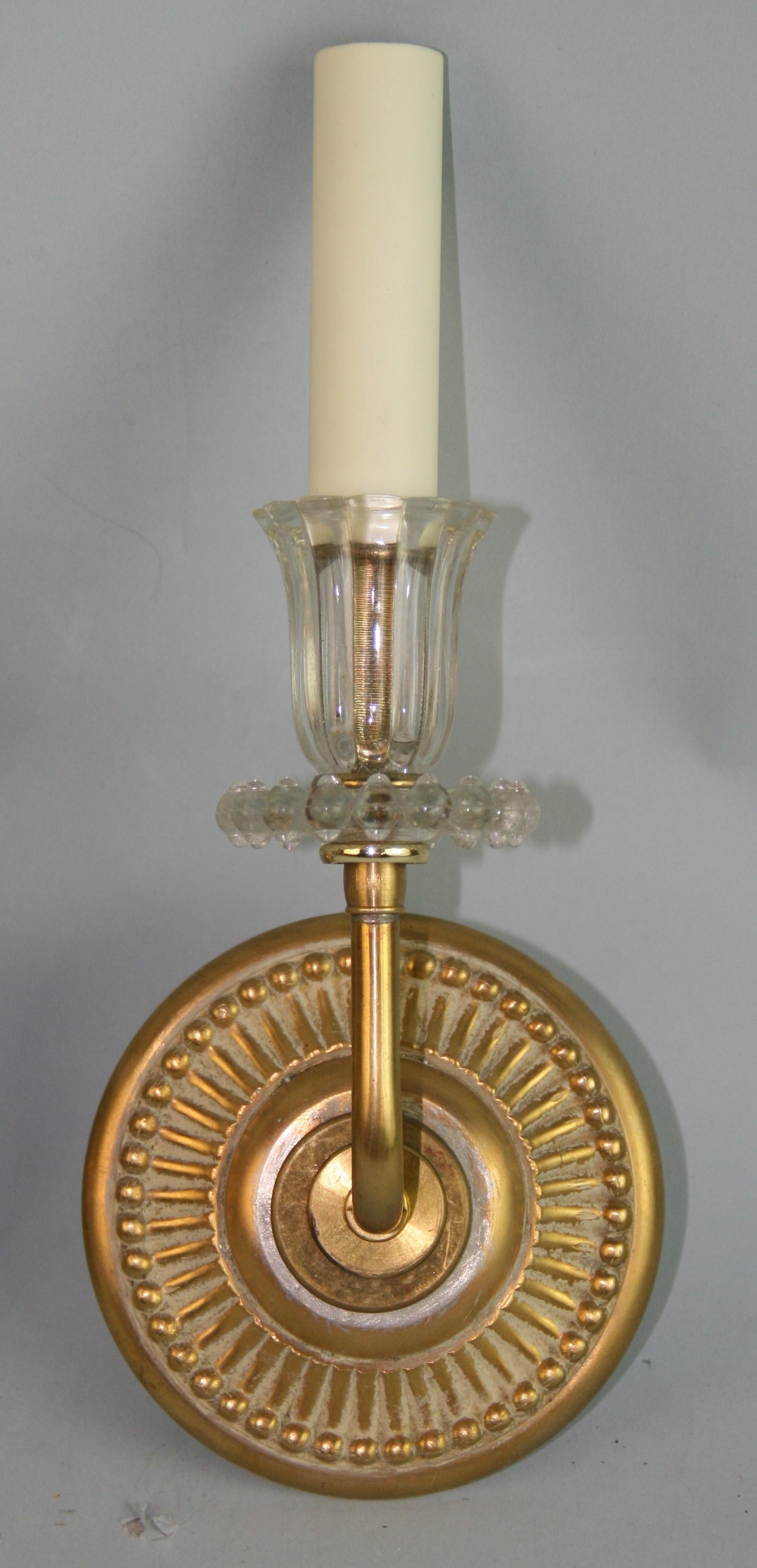 Pair Italian Brass and Glass Sconces In Good Condition In Douglas Manor, NY