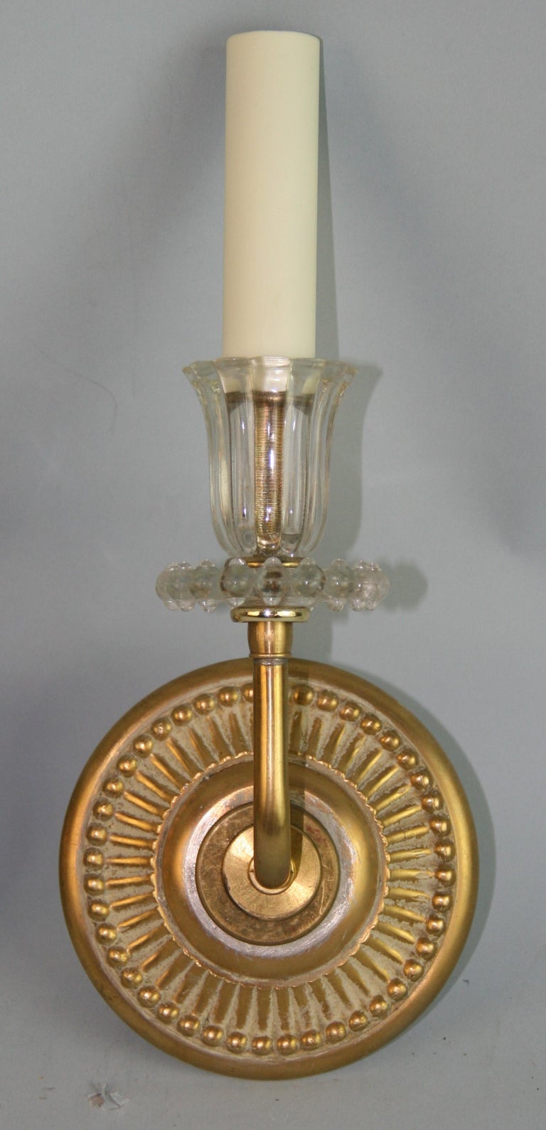 Pair Italian Brass and Glass Sconces In Good Condition For Sale In Douglas Manor, NY