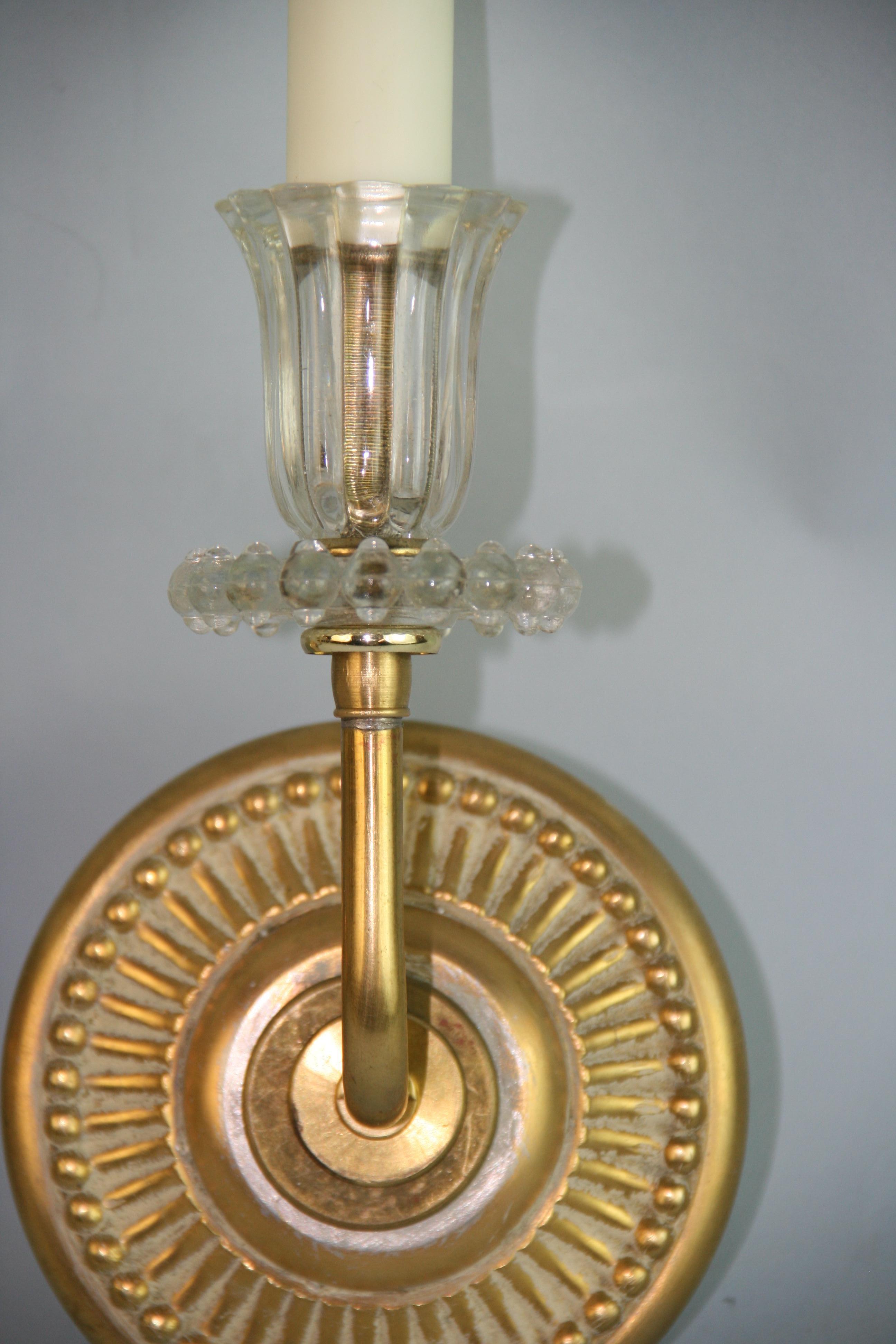Mid-20th Century Pair Italian Brass and Glass Sconces
