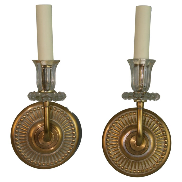 Pair Italian Brass and Glass Sconces For Sale