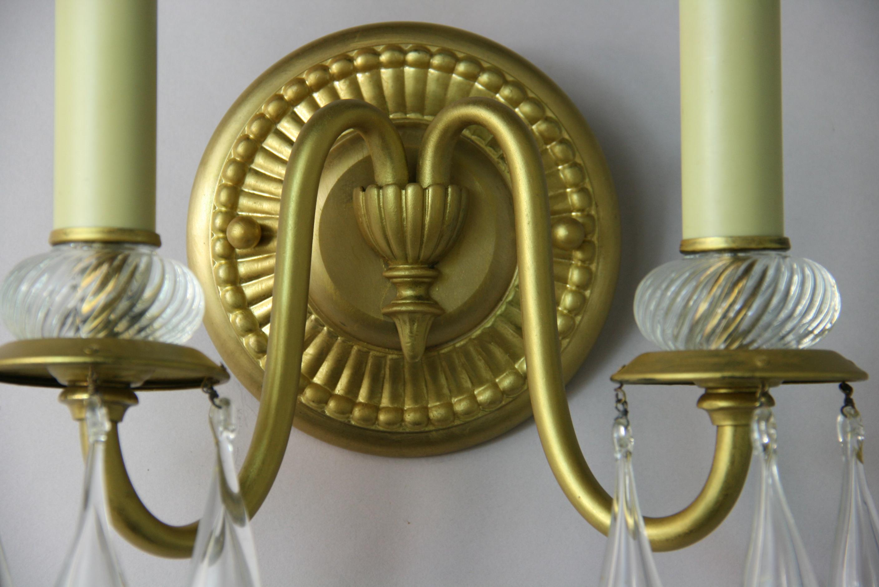 Italian Brass and Murano Teardrop Two Light Sconces a Pair In Good Condition For Sale In Douglas Manor, NY