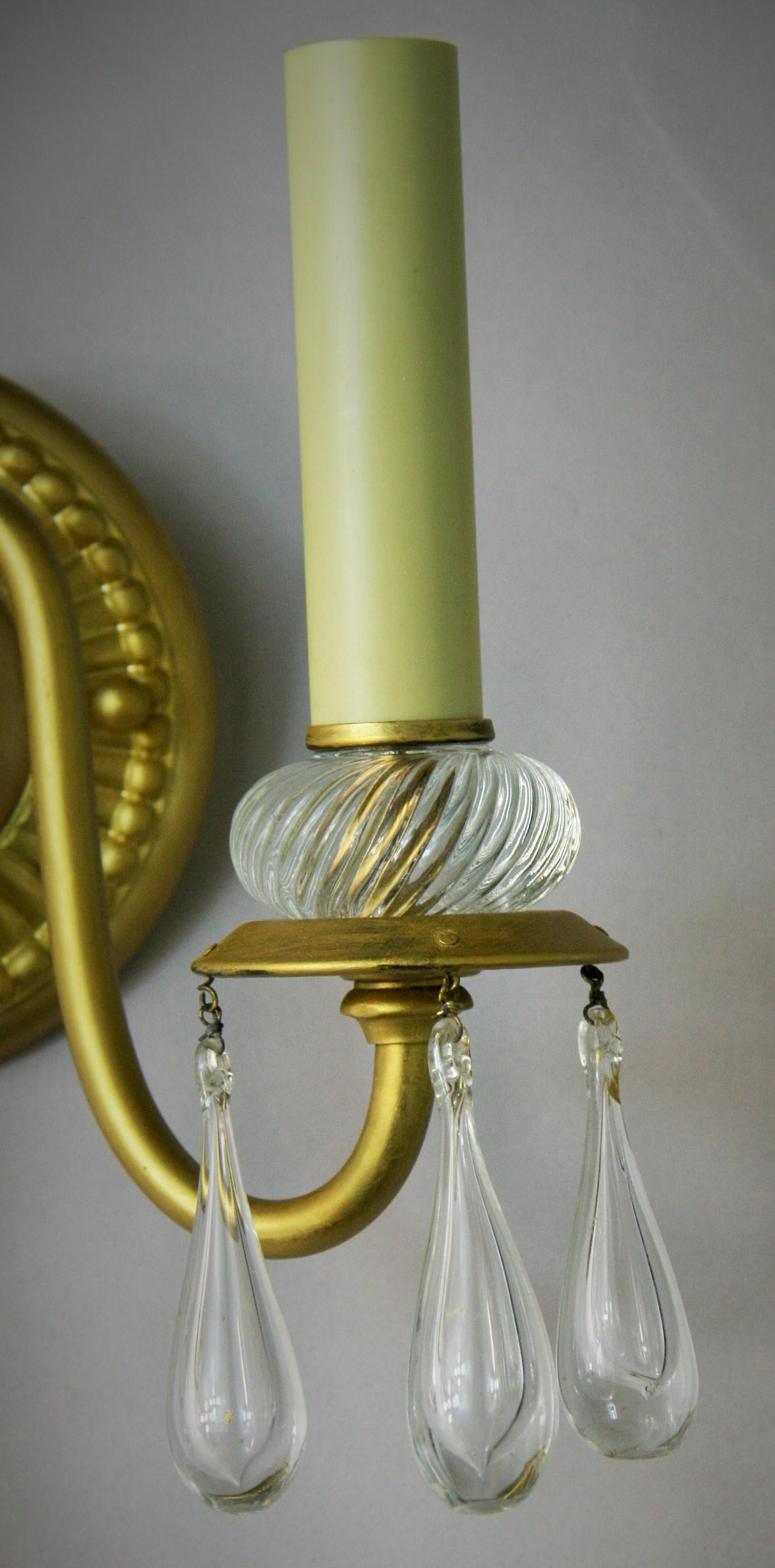 Mid-20th Century  Italian Brass and Murano Teardrop Two Light Sconces a Pair For Sale