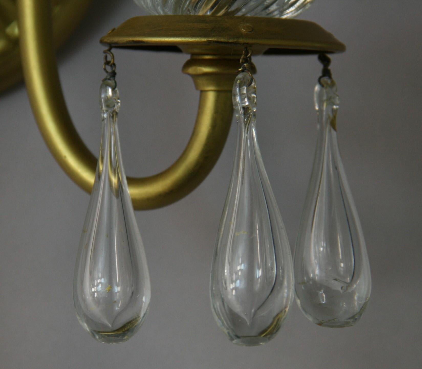  Italian Brass and Murano Teardrop Two Light Sconces a Pair For Sale 1