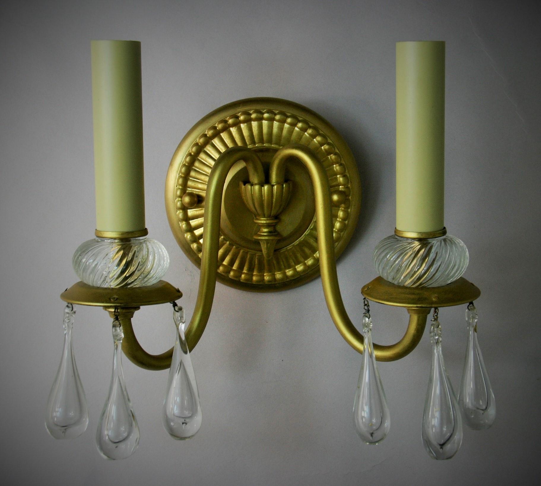  Italian Brass and Murano Teardrop Two Light Sconces a Pair For Sale 3