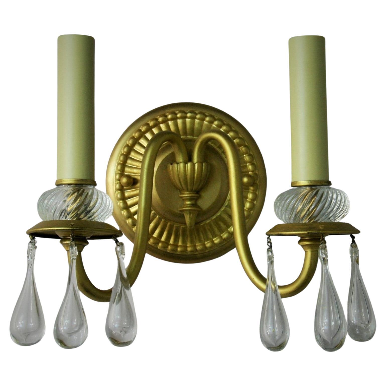  Italian Brass and Murano Teardrop Two Light Sconces a Pair