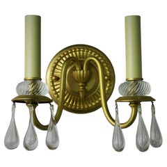  Italian Brass and Murano Teardrop Two Light Sconces a Pair