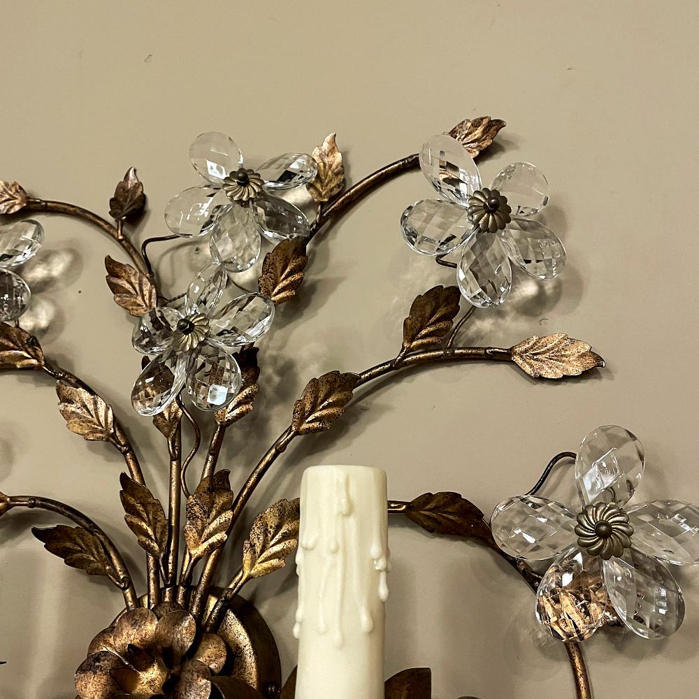Pair Italian Brass & Crystal Wall Sconces For Sale 6