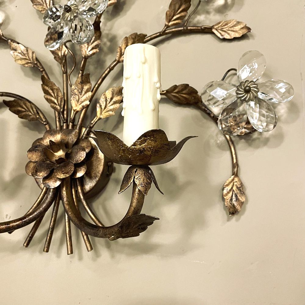 Pair Italian Brass & Crystal Wall Sconces For Sale 7