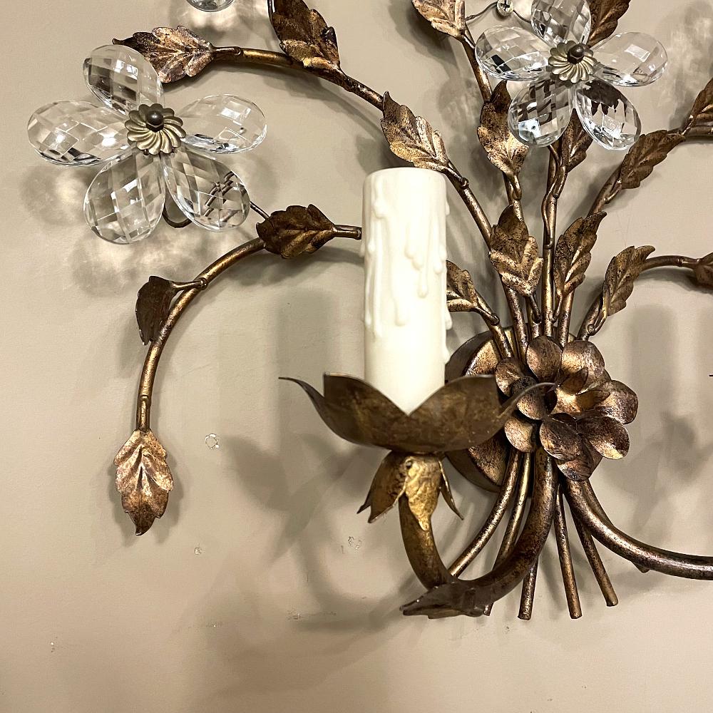 Pair Italian Brass & Crystal Wall Sconces For Sale 10