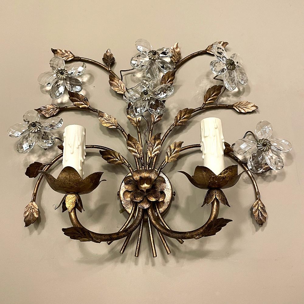 Pair Italian Brass & Crystal Wall Sconces For Sale 11