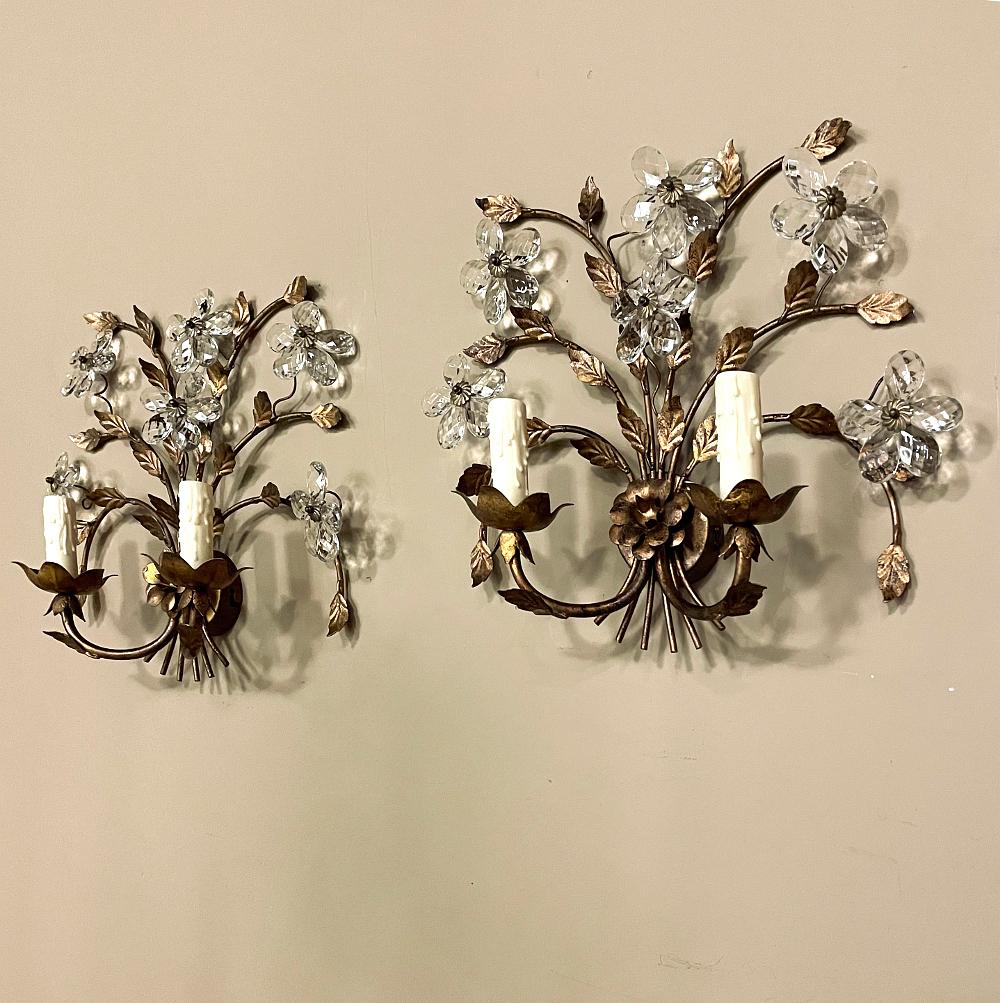 Beaux Arts Pair Italian Brass & Crystal Wall Sconces For Sale