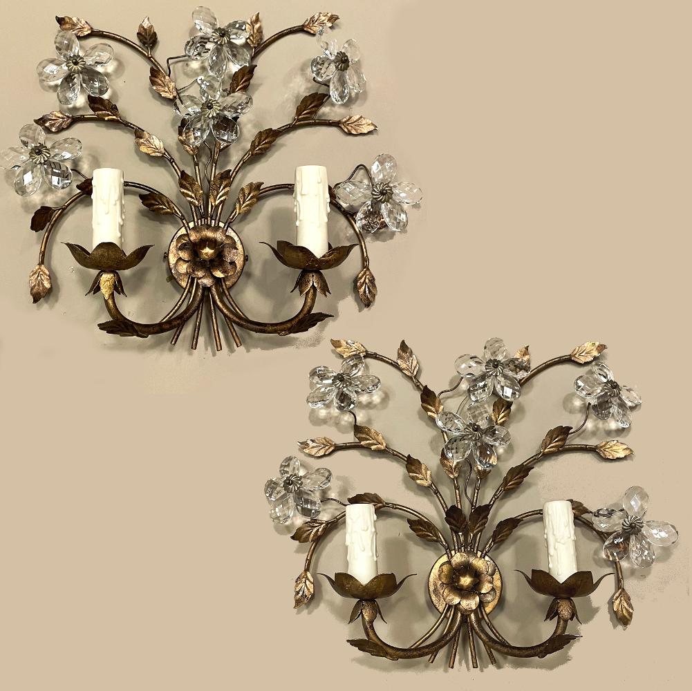 Hand-Crafted Pair Italian Brass & Crystal Wall Sconces For Sale
