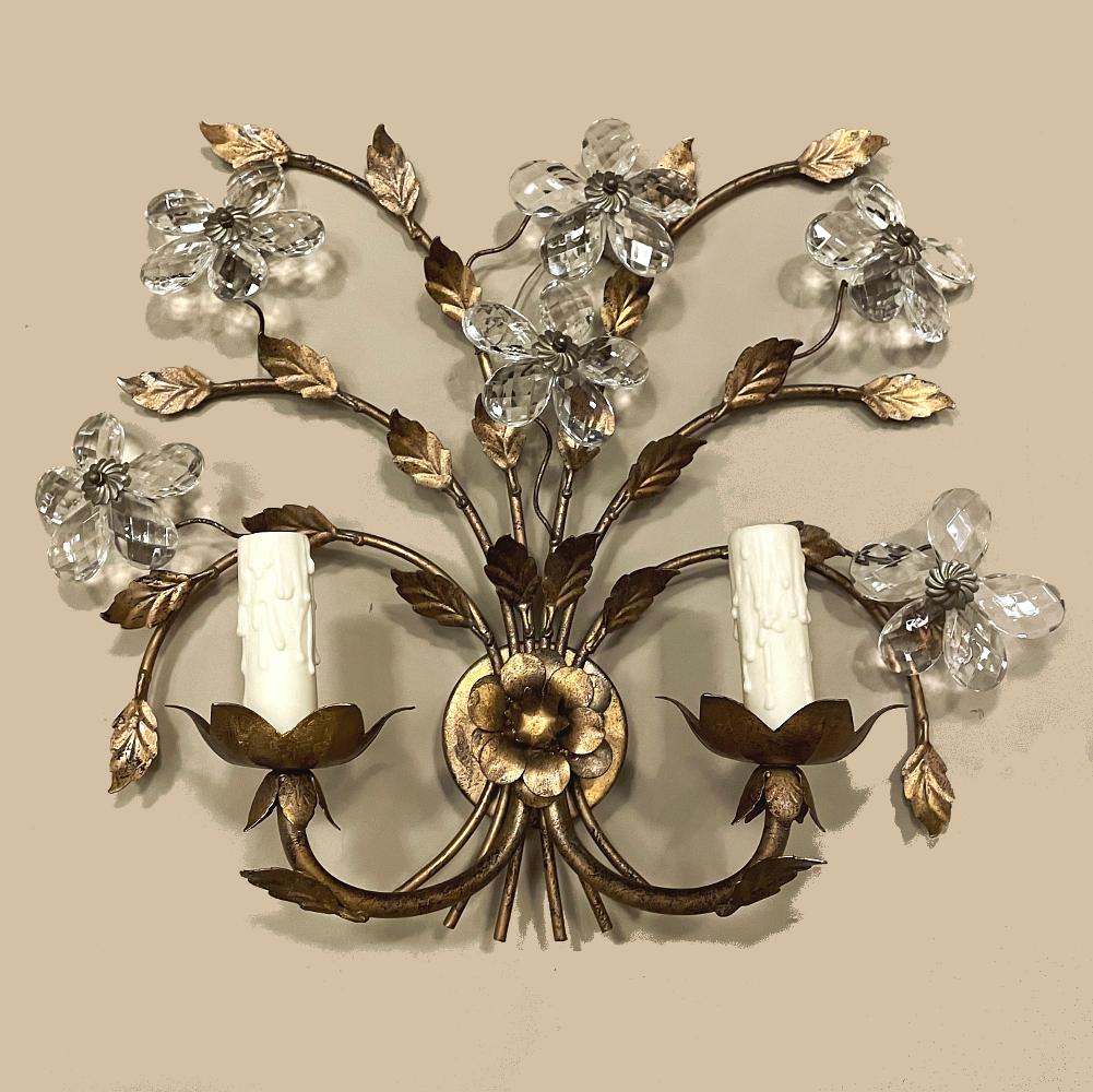 Pair Italian Brass & Crystal Wall Sconces In Good Condition For Sale In Dallas, TX