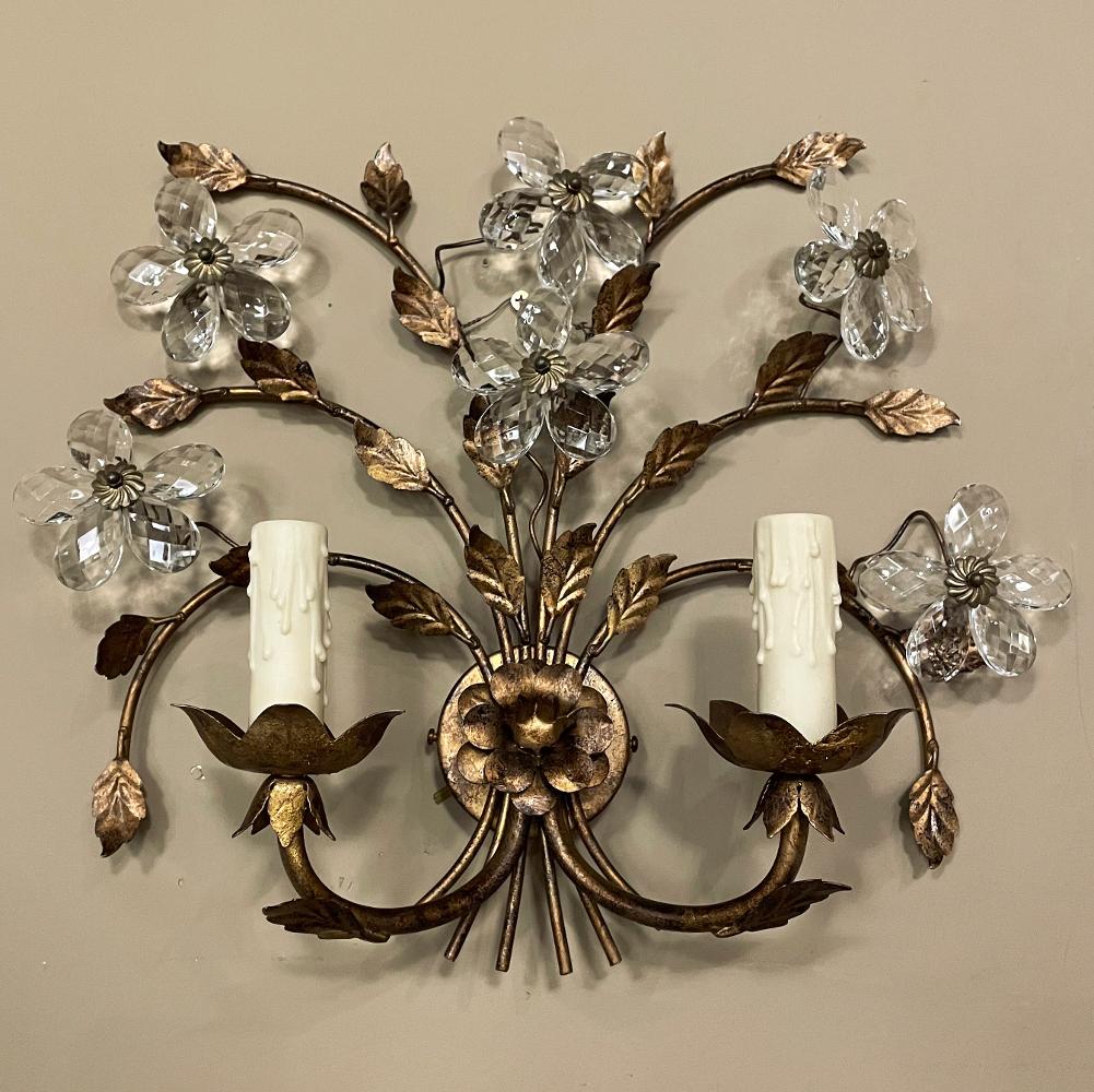 20th Century Pair Italian Brass & Crystal Wall Sconces For Sale