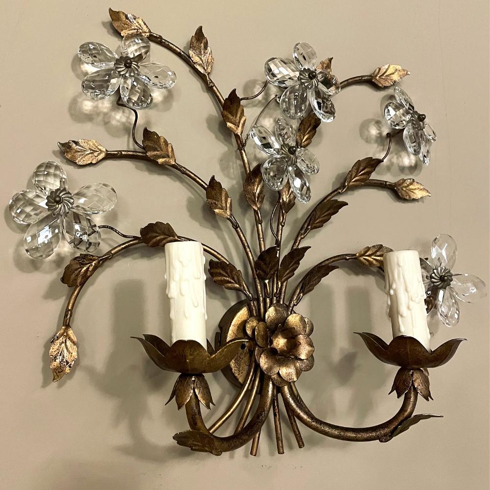 Pair Italian Brass & Crystal Wall Sconces For Sale 1