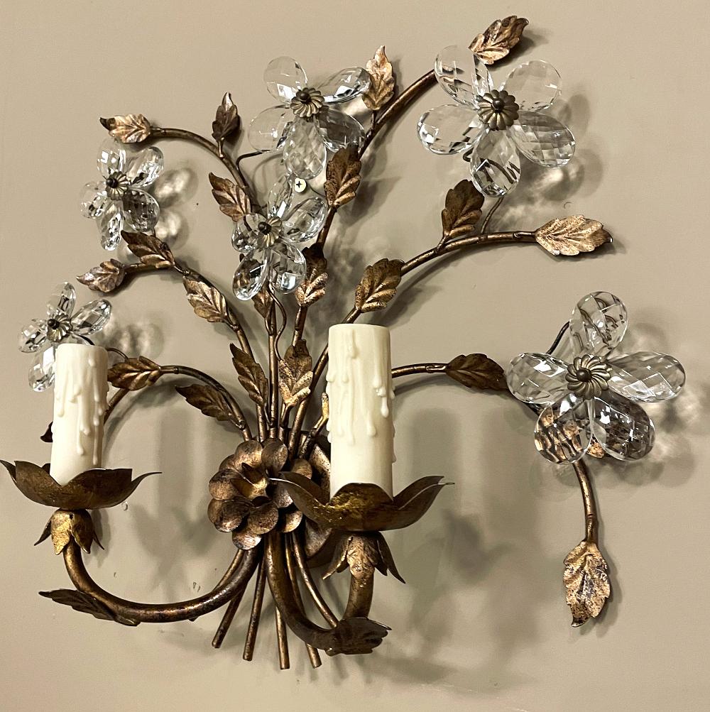 Pair Italian Brass & Crystal Wall Sconces For Sale 2