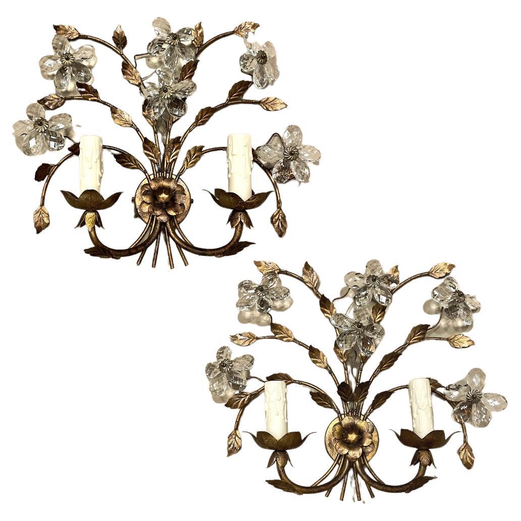 Pair Italian Brass & Crystal Wall Sconces For Sale