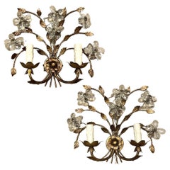 Pair Italian Brass & Crystal Wall Sconces