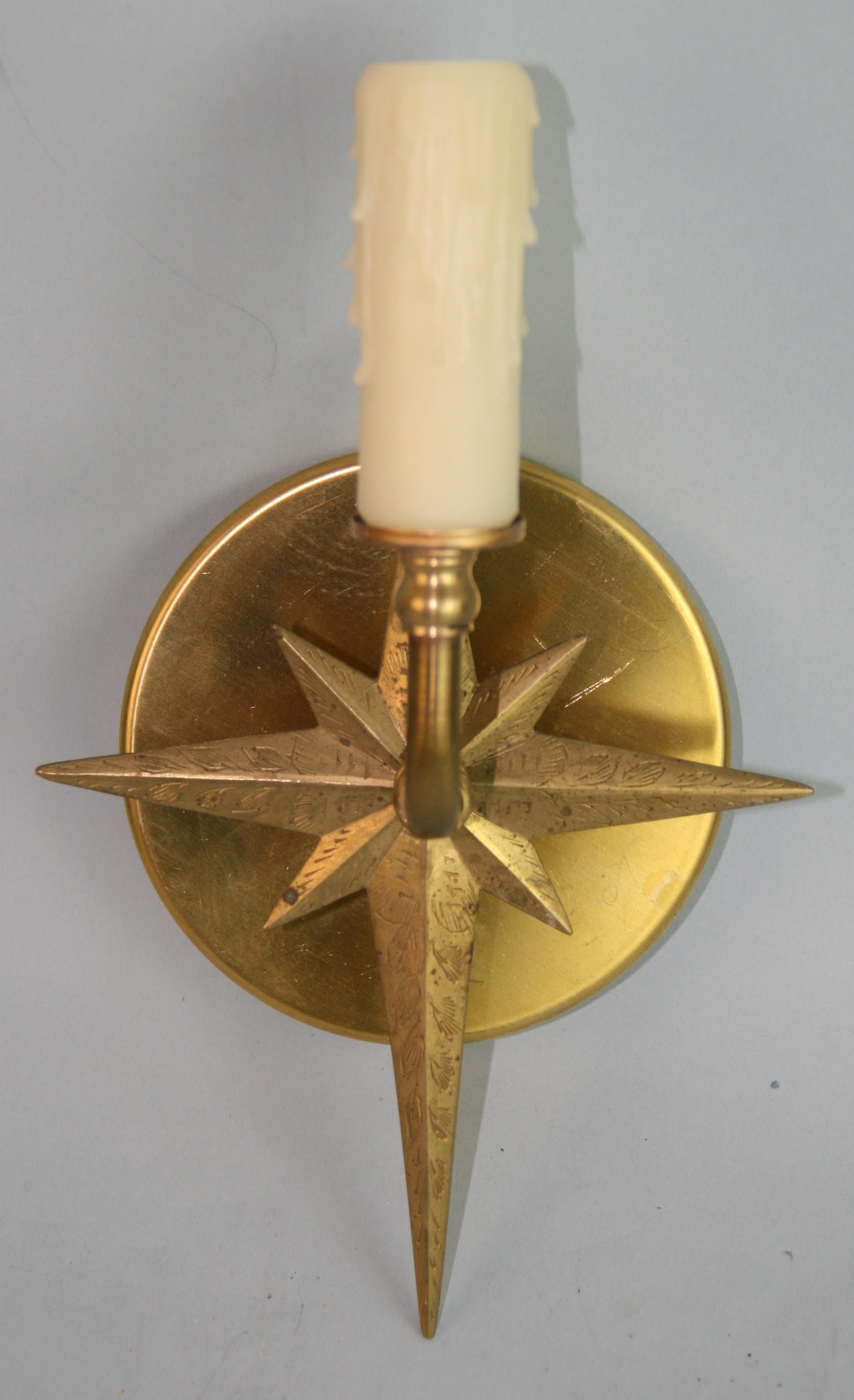 Pair Italian Brass Star Sconces In Good Condition In Douglas Manor, NY