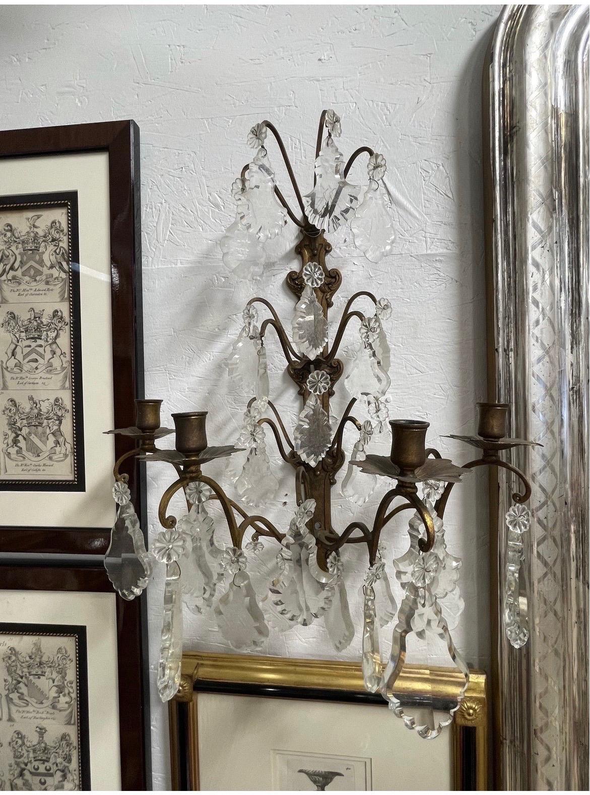 20th Century Pair, Italian Bronze and Crystal 4-Light Candle Sconces, Inquire for Wiring
