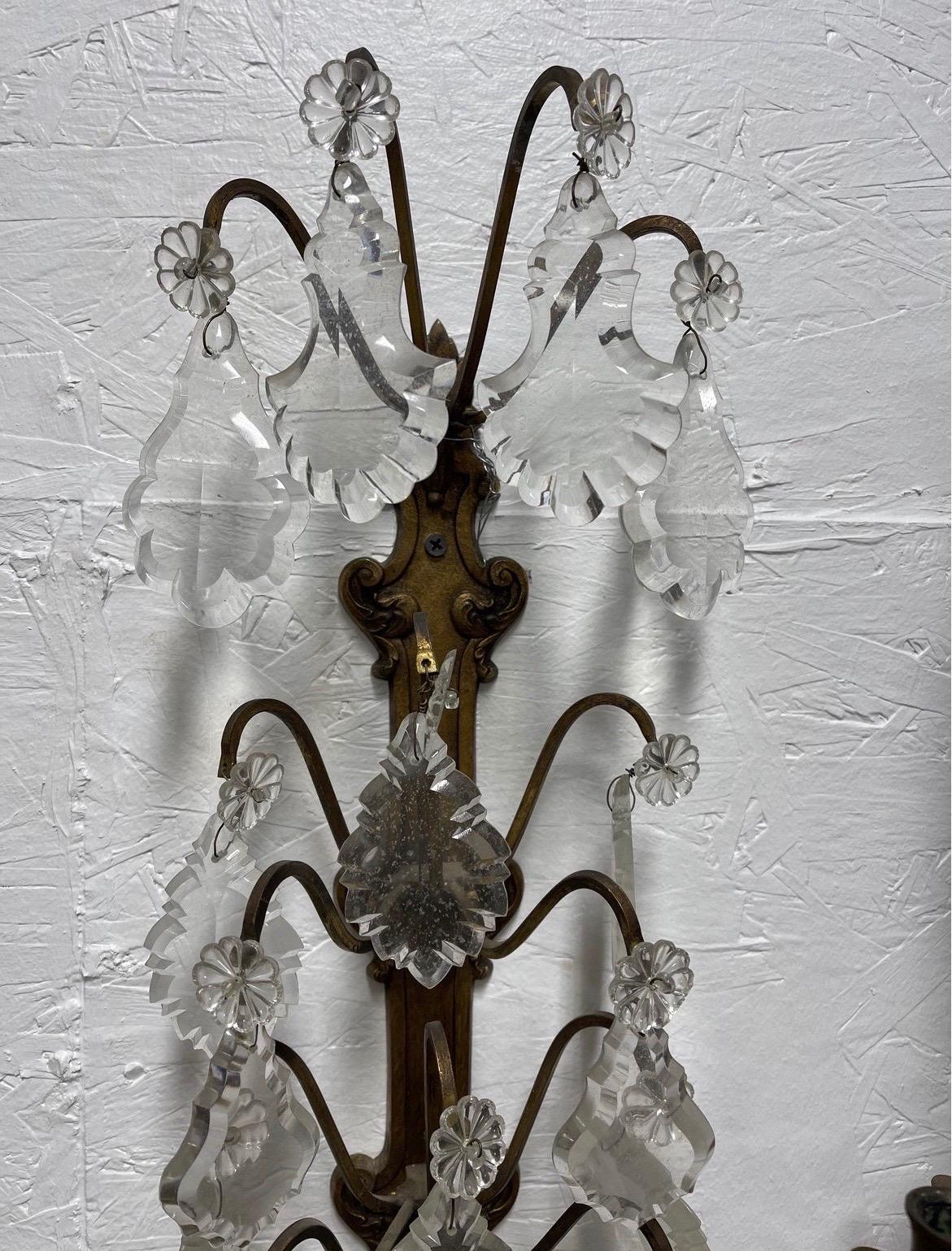 Pair, Italian Bronze and Crystal 4-Light Candle Sconces, Inquire for Wiring For Sale 2