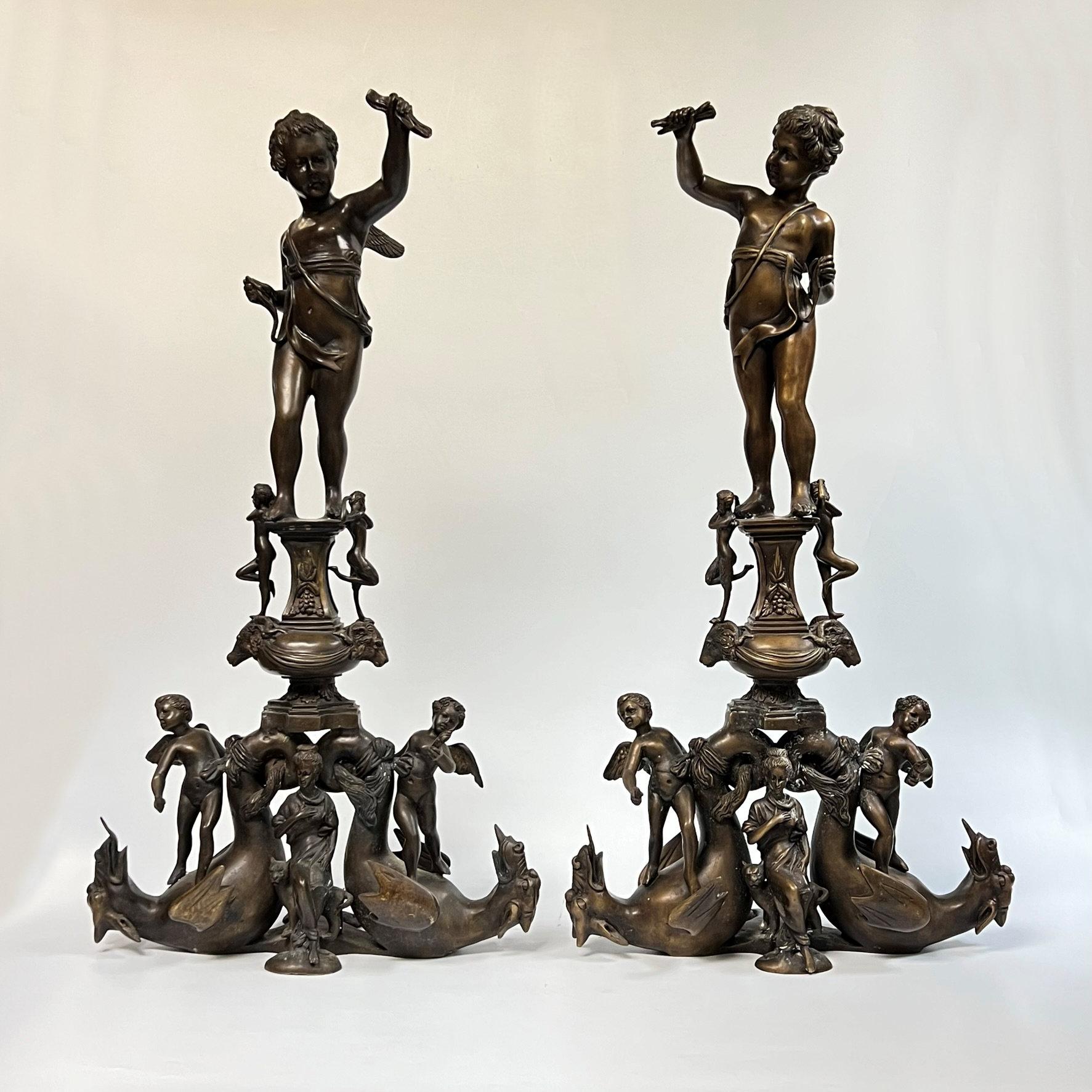 Pair Italian Bronze Chenets in Renaissance Style For Sale 6