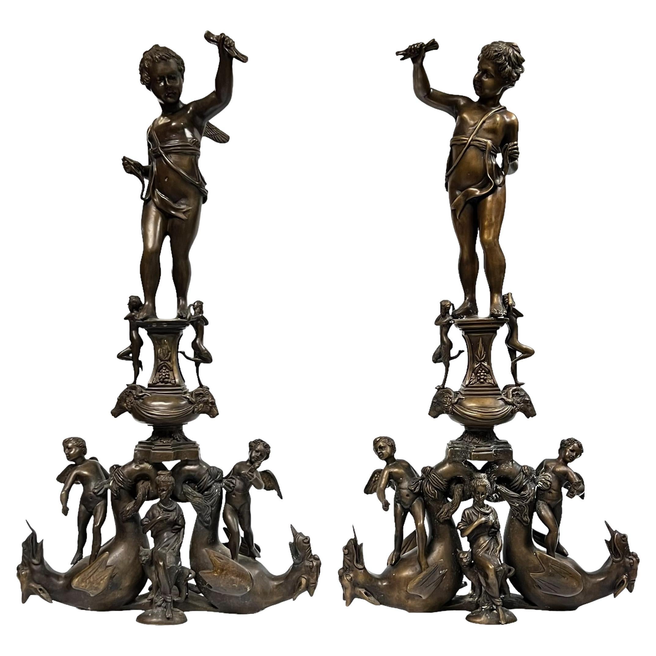Pair Italian Bronze Chenets in Renaissance Style For Sale