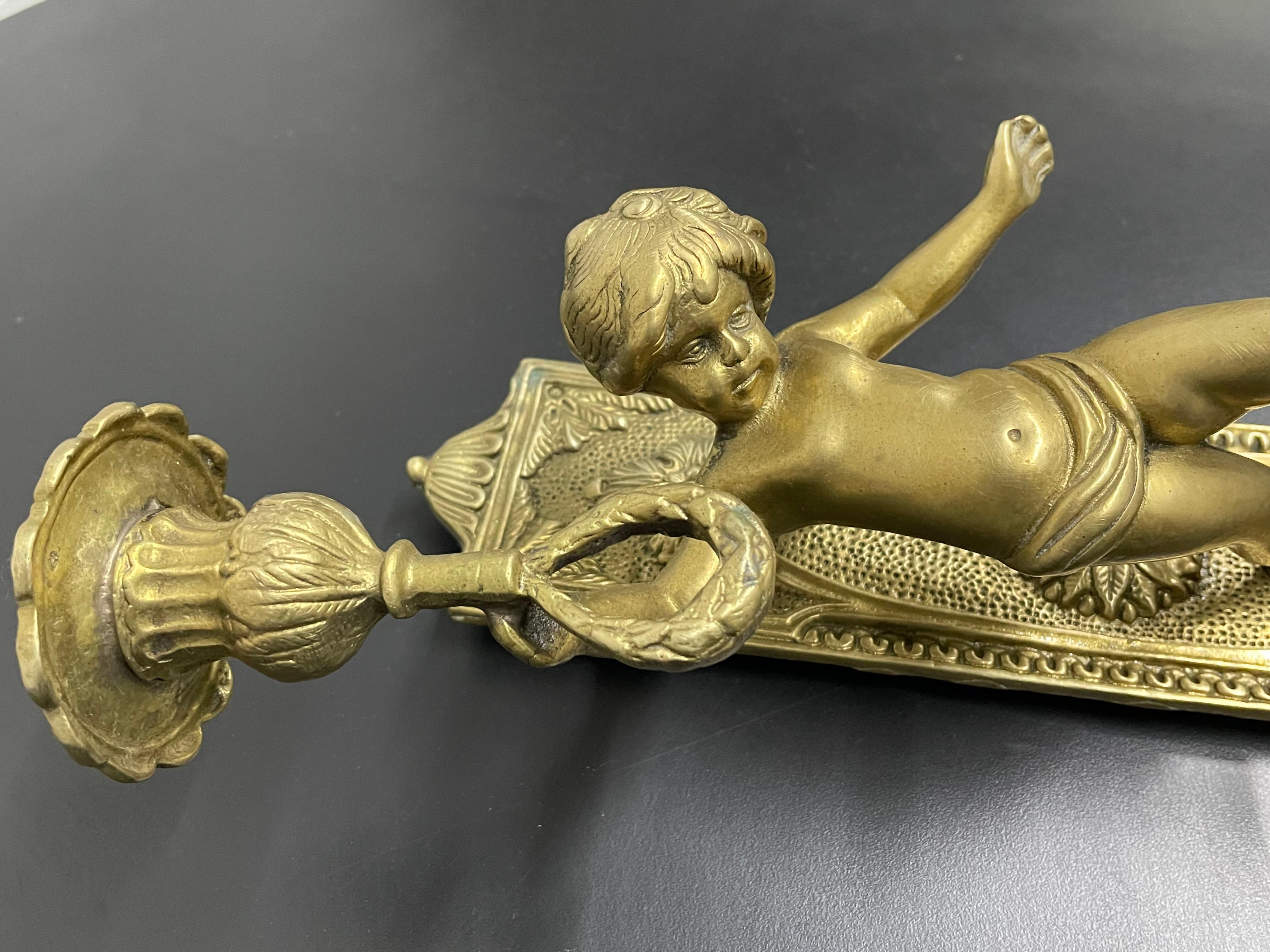 Early 20th Century  Italian Bronze Pair Cherub Sconces For Sale