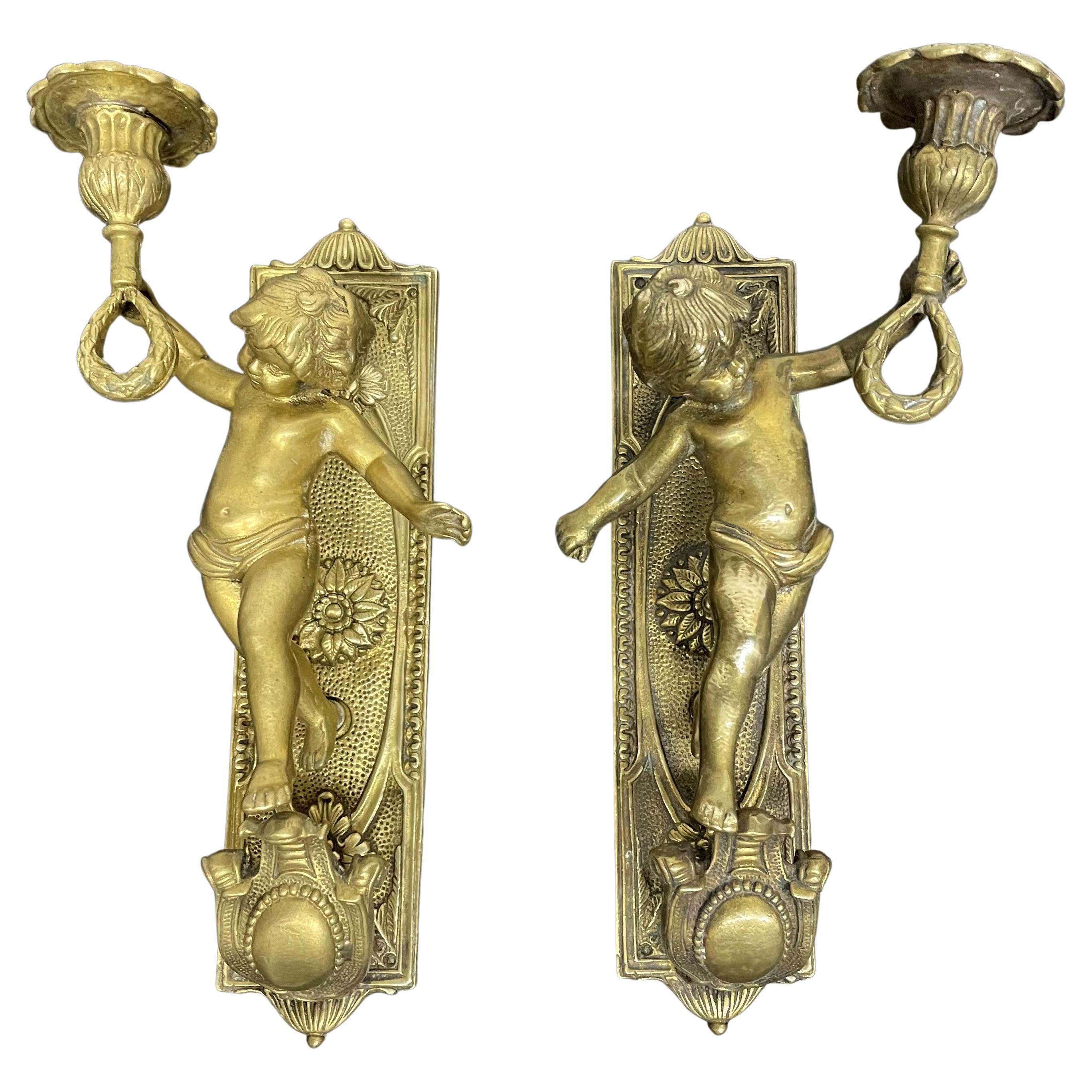  Italian Bronze Pair Cherub Sconces For Sale
