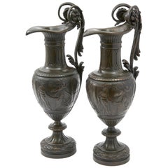 Pair of Italian Bronze Ewers with Scenes of Classical Antiquity, circa 1870