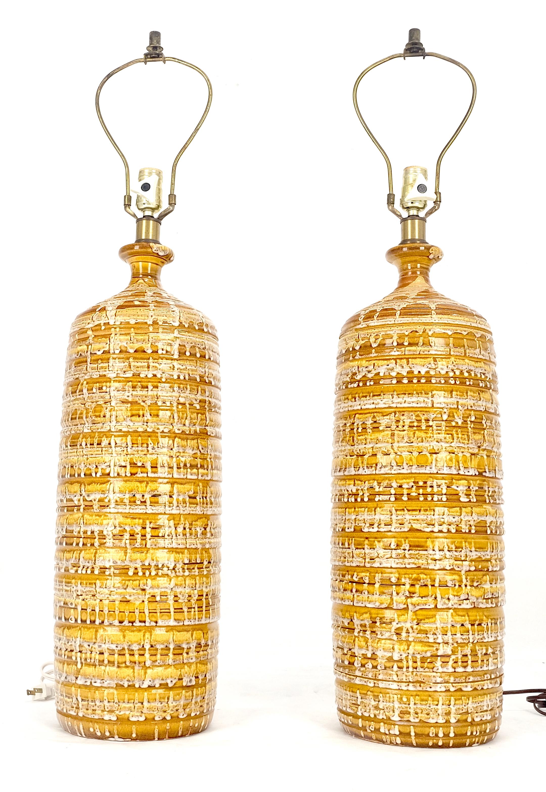 Pair Italian Brown Cream Yellow Drip Glaze Ceramic Pottery Cylinder Shape Lamps 4