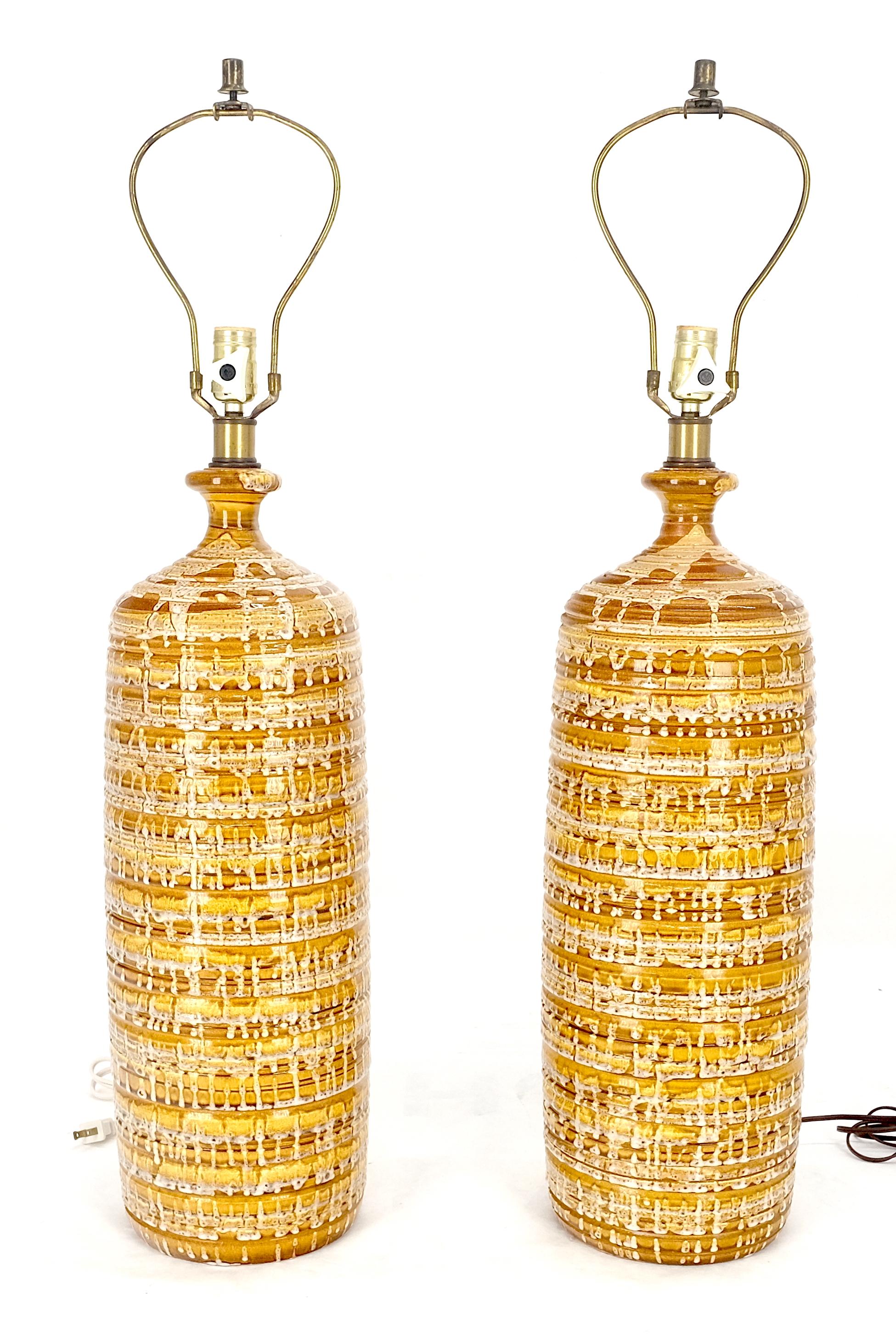 Pair Italian Brown Cream Yellow Drip Glaze Ceramic Pottery Cylinder Shape Lamps 5
